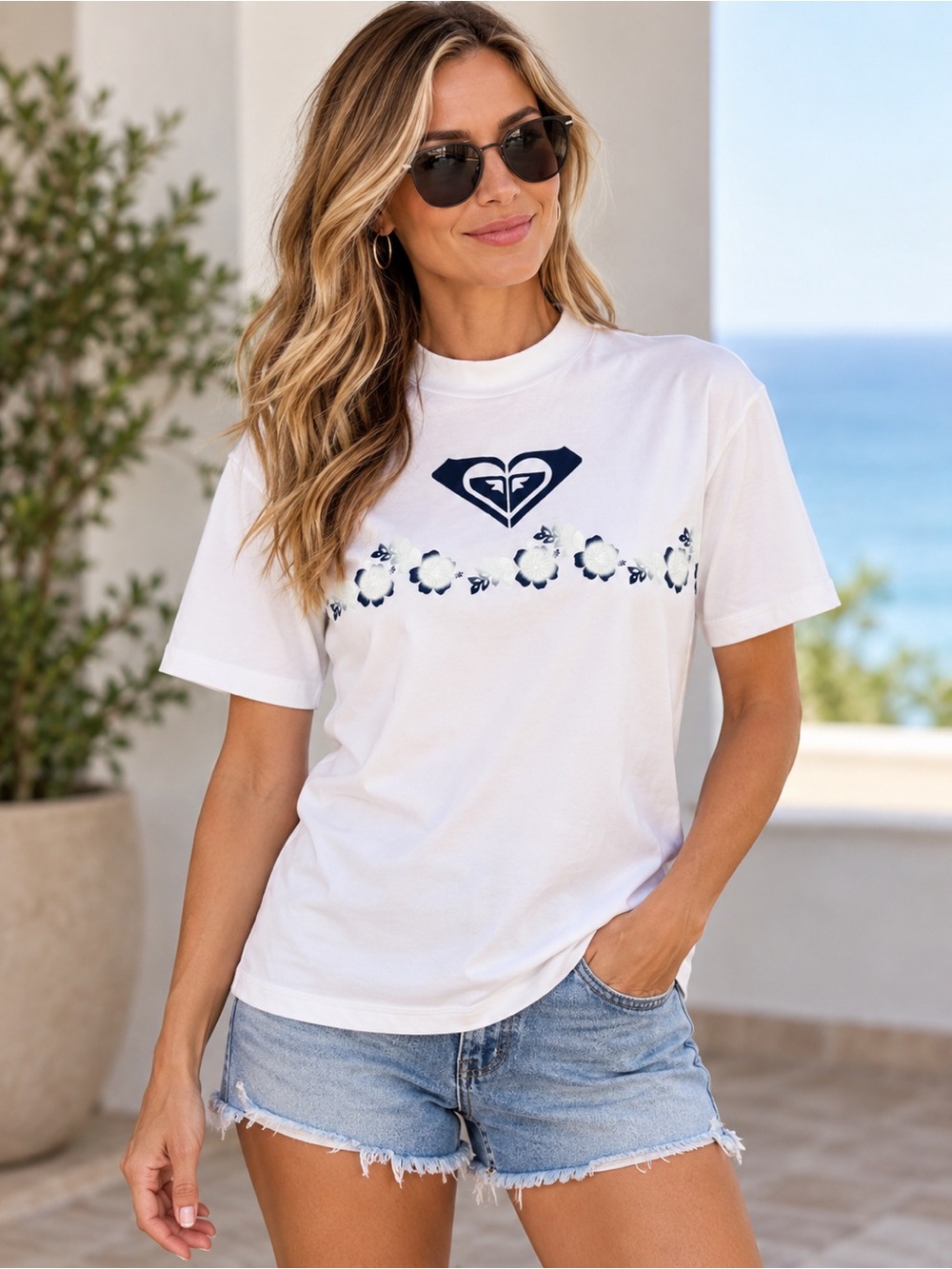 Roxy White rash guard with Navy Floral Logo